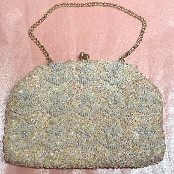 Vintage 60s Ivory beaded sequined evening bag - Picture 1 of 5